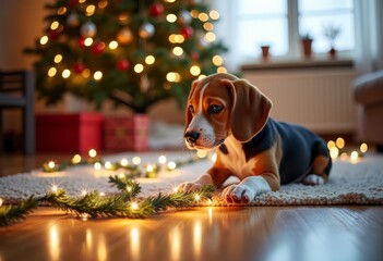 A Beagle puppy is chewing on an artificial Christmas tree and garland. This poses a danger to animals. Be careful. Protect your pets