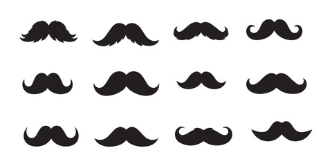 Mustache silhouette icon set in black vector style, diverse facial hair shapes for character design, grooming, fashion, and illustration use,mustache icon set with various retro styles in a black 
