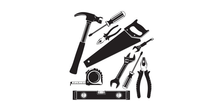 Collection of black and white carpentry tools isolated on white background in a vector format., Black silhouette of various hand tools arranged on a white background for construction work