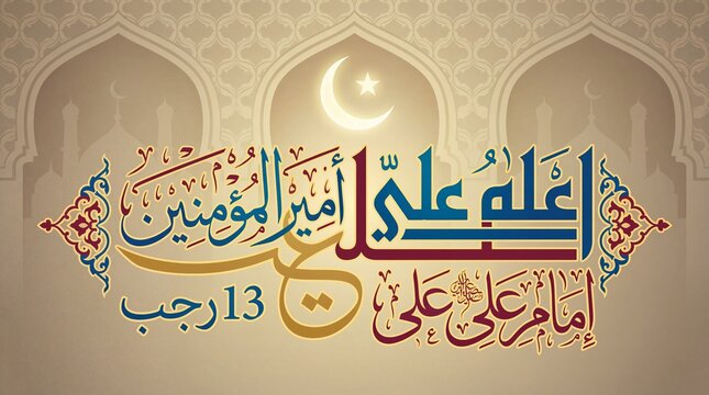 Elegant Islamic calligraphy celebrating the birth of Imam Ali with crescent moon and traditional arch motifs