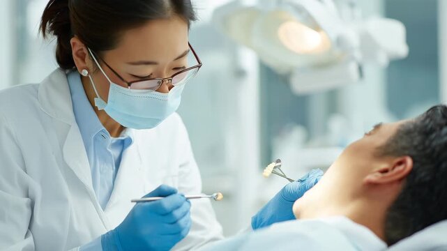 日本人女性歯科医が男性患者を診察