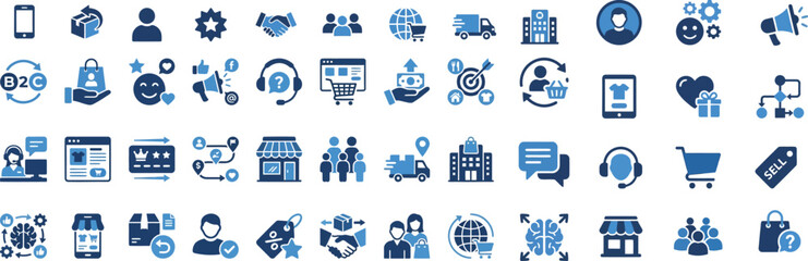 Collection of monochrome blue business and commerce icons representing diverse concepts like customer service sales logistics and global interaction concepts