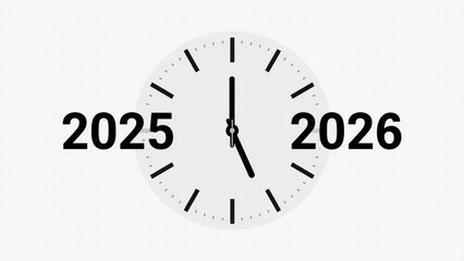 A clock marking the transition from 2025 to 2026 with a clean and minimalist design on a white background.