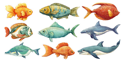 A colorful and diverse array of fish illustrations, showcasing various species including goldfish, tropical fish, and dolphins.