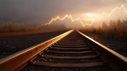 Train tracks lead into a misty golden hour horizon with a glowing fluctuating data trend line