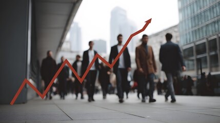 A red graph showing upward growth trend overlays a blurred scene of professionals walking in a busy city