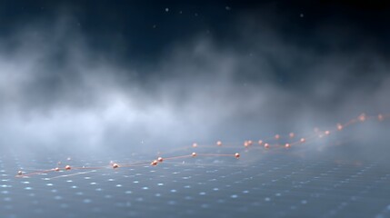 Abstract digital data points form a rising trend line through a misty blue toned grid background