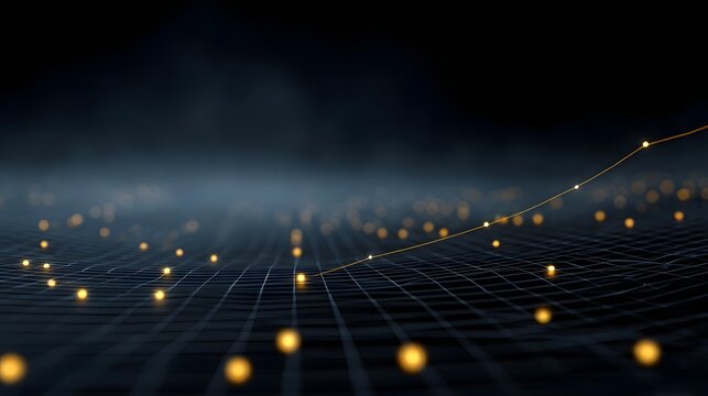 Abstract digital graph with glowing orange points on a grid indicating upward trend - Powered by Adobe