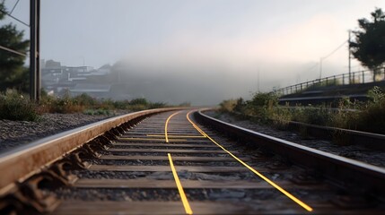 A pair of train tracks with glowing yellow geometric lines superimposed in a foggy atmospheric landscape