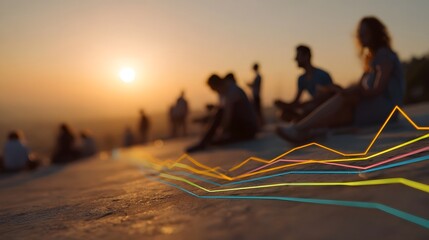 A group of people in silhouette at sunset with colorful abstract data lines overlaying the scene