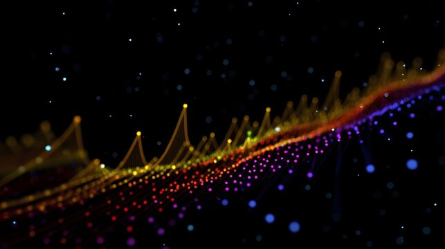 Abstract visualization of a vibrant colorful digital wave formed by glowing particles flowing across a dark star speckled expanse - Powered by Adobe