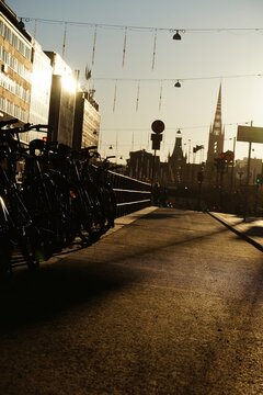 icycles Lined Up at Sunset in Stockholm