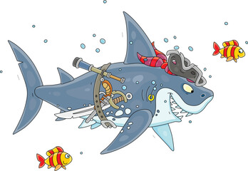 Funny great white shark pirate with a bandana and a cocked hat of a sea robber, a sharp saber, a pistol and an old spyglass from a sunken sailing ship, vector cartoon illustration on white