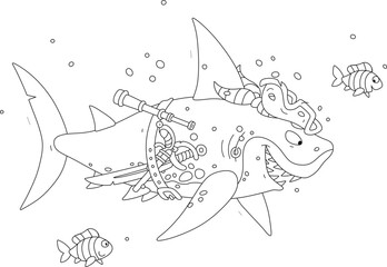Funny great white shark pirate with a bandana and a cocked hat of a sea robber, a sharp saber, a pistol and an old spyglass from a sunken sailing ship, black and white vector cartoon illustration