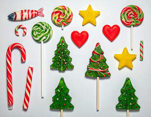 Christmas holiday lollipops and candies assortment flat lay