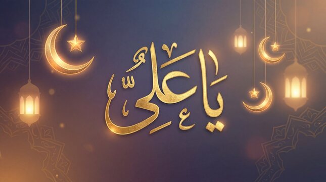Golden Arabic calligraphy of "Ya Ali" illuminated by festive Islamic lanterns and crescent moons.