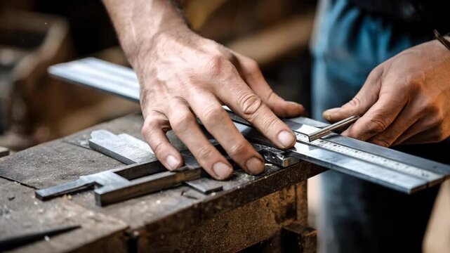 Closeup of hands using metric calipers to doublecheck precision cuts on engineered metal parts in a modern workshop.