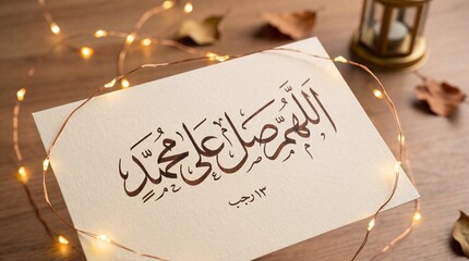 Beautiful Arabic calligraphy on paper with soft bokeh lights and autumn leaves, conveying spiritual calm and tradition.