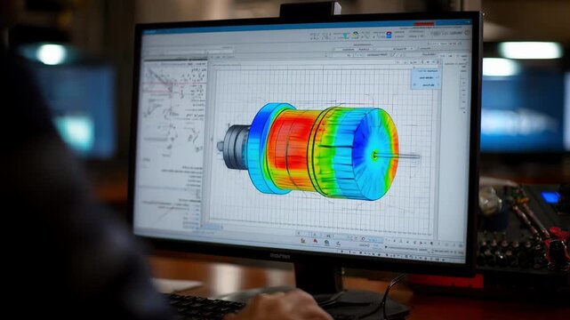 Closeup medium shot of a virtual model used to predict and analyze metal drawing processes in an industrial simulation environment.