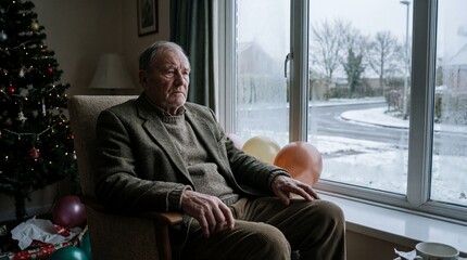 Elderly man sitting by a window during winter, reflecting amidst Christmas decorations