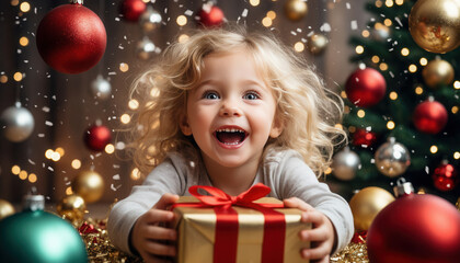 A little girl among the Christmas toys.
