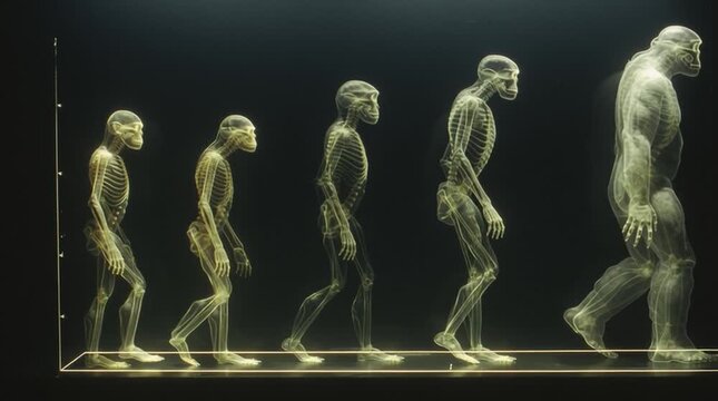 Conceptual depiction of human evolution a million years ahead: tall, slender figures adapted to microgravity, with subtle bioluminescent skin, exploring a futuristic vision of space-adapted humanity.
