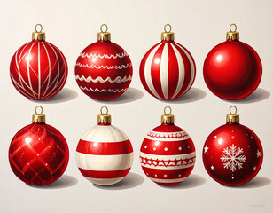 Collection of red christmas ornaments with various patterns