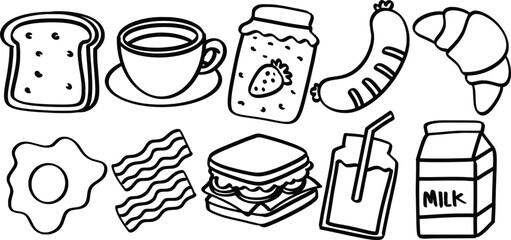 Set of hand drawn breakfast food and meal theme Isolated Vector