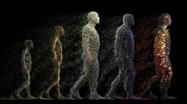 Conceptual depiction of human evolution a million years ahead: tall, slender figures adapted to microgravity, with subtle bioluminescent skin, exploring a futuristic vision of space-adapted humanity.
