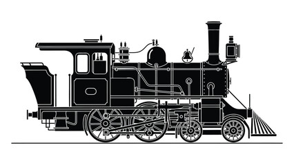 A detailed black and white illustration of a classic steam locomotive train © Mstsalma
