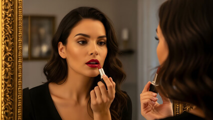 Young woman applying red lipstick while looking in mirror indoors  