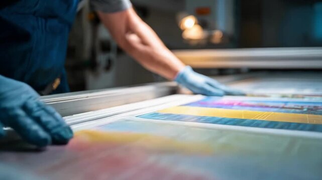 Closeup medium shot of a professional inspecting freshly printed large format signs for sharp text and vivid colors.
