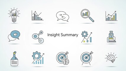 Business Insight Summary: Icons for analytics, strategy, brainstorming, and growth