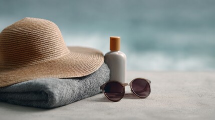 Beach scene with a hat, sunglasses, and a bottle of sunscreen