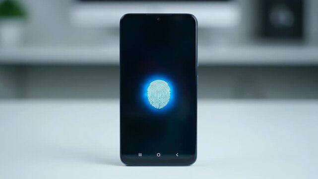 Animation of a digital fingerprint on a sleek smartphone display. Cutting edge biometric security technology to safeguard mobile devices and secure data