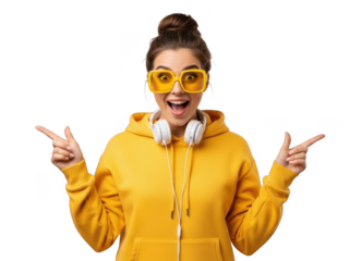 Excited young woman with a messy bun, wearing a yellow hoodie and large yellow sunglasses, with headphones, pointing in both directions with a surprised expression. isolated on transparent background