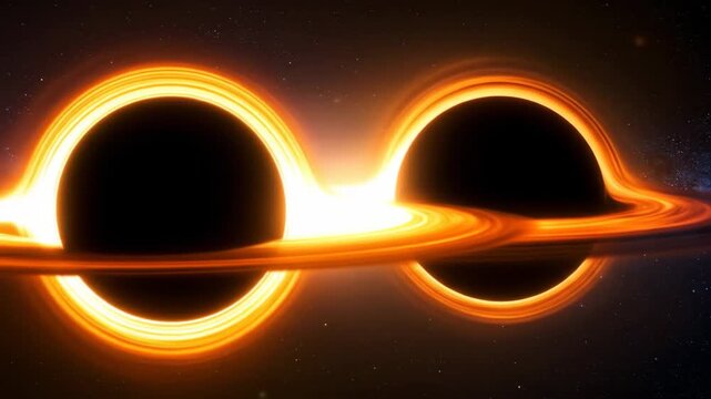 Two celestial objects with radiant orange light and dark centers against a starry background.