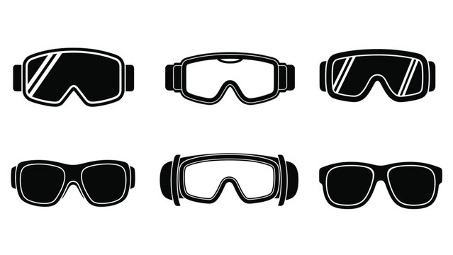 A collection of various black and white ski goggles and sunglasses designs