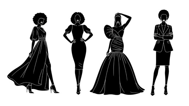 Fashionable silhouettes of women in elegant dresses and suits