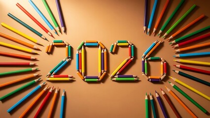 Vibrant 2026 colorful pencils arrangement on brown background