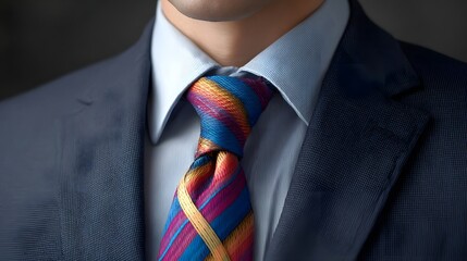 A sharply dressed professional wearing a crisp blue shirt and a vibrant colorful striped tie