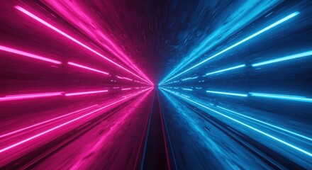 Abstract tunnel with converging neon light beams in contrasting magenta and cyan colors