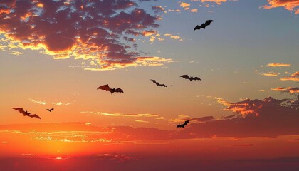 Obraz premium Silhouetted bats fly against a fiery sunset sky, capturing a scene of twilight flight