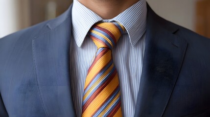 A man s formal business attire featuring a blue pinstripe shirt and a vibrant striped tie