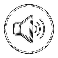 Vintage woodcut style sound speaker illustration, ranked as traditional engraving icon, circular frame layout, ideal for music apps, audio branding, and retro design concepts.