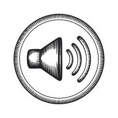 Vintage woodcut style sound speaker ranked as classic audio icon, circular frame design, suitable for music, retro technology, and sound branding illustration projects.