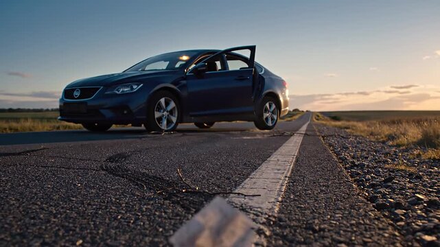 Close up shot of misplaced car keys resting on the white line of a asphalt road. In the background, a blue sedan with its door ajar is parked as the sun sets in the distance