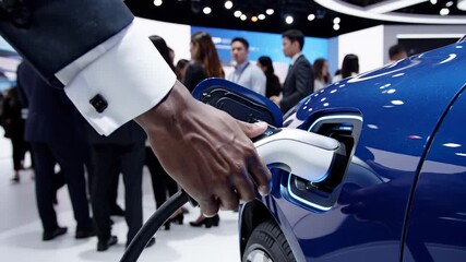 Close up of a businessman's hand connecting a charger to an electric vehicle. Focus on eco friendly transportation and renewable energy ideas