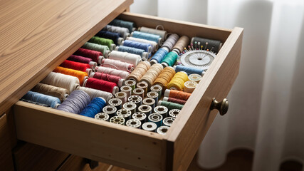 Thread spools in open drawer with colorful threads and tools  