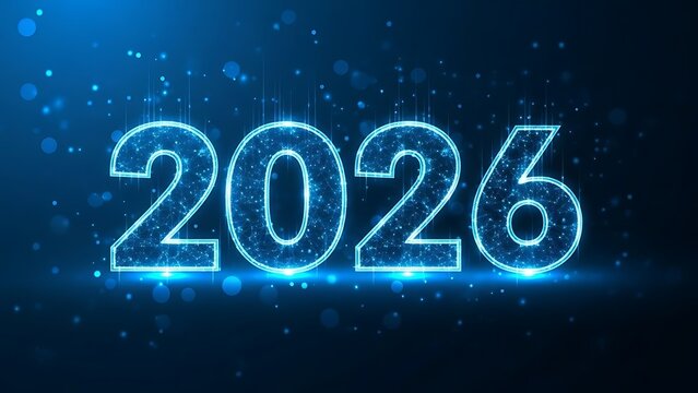 Futuristic digital display of the year 2026 in neon blue - Powered by Adobe